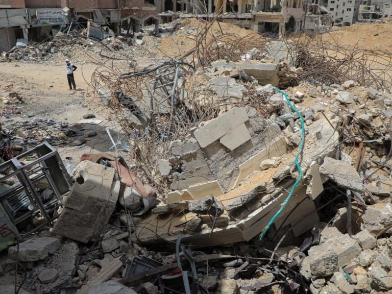 A Palestinian man inspects the historical site of Barquq Castle destroyed in the Gaza conflict in the southern Gaza Strip city of Khan Younis, on April 23, 2024. PHOTO: XINHUA