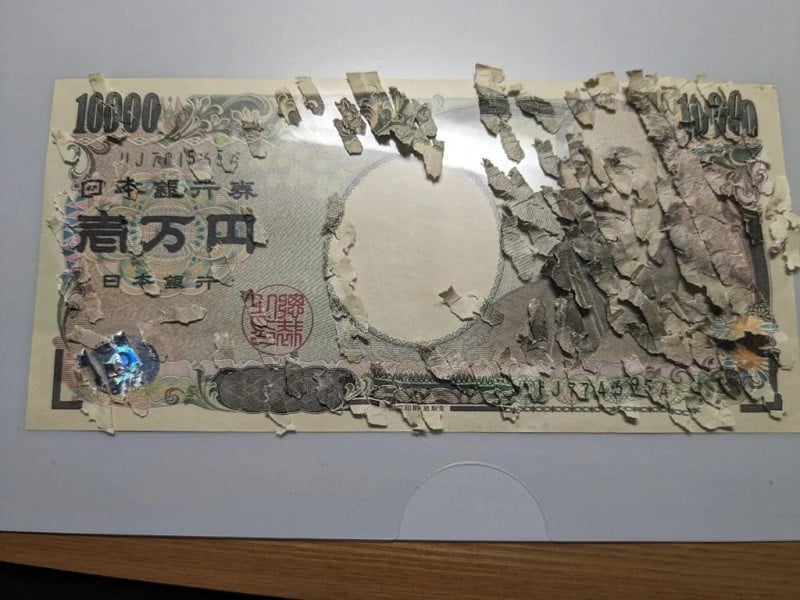 Japanese X user ‘Tomo’ put back together a 10,000 yen bill that had been shredded. PHOTO: X/@C8kCGa5jT0LlbuA