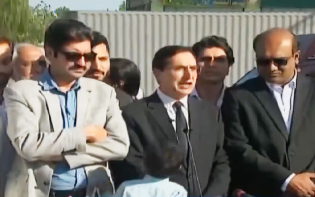 pti leaders gohar ali khan and sher afzal marwat addressing media outside adiala jail in rawalpindi on tuesday april 16 2024 screengrab