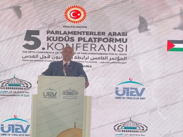 senator mushahid hussain sayed speaking at the 3 day international conference on palestine held at istanbul inaugurated by president erdogan on april 27 photo express